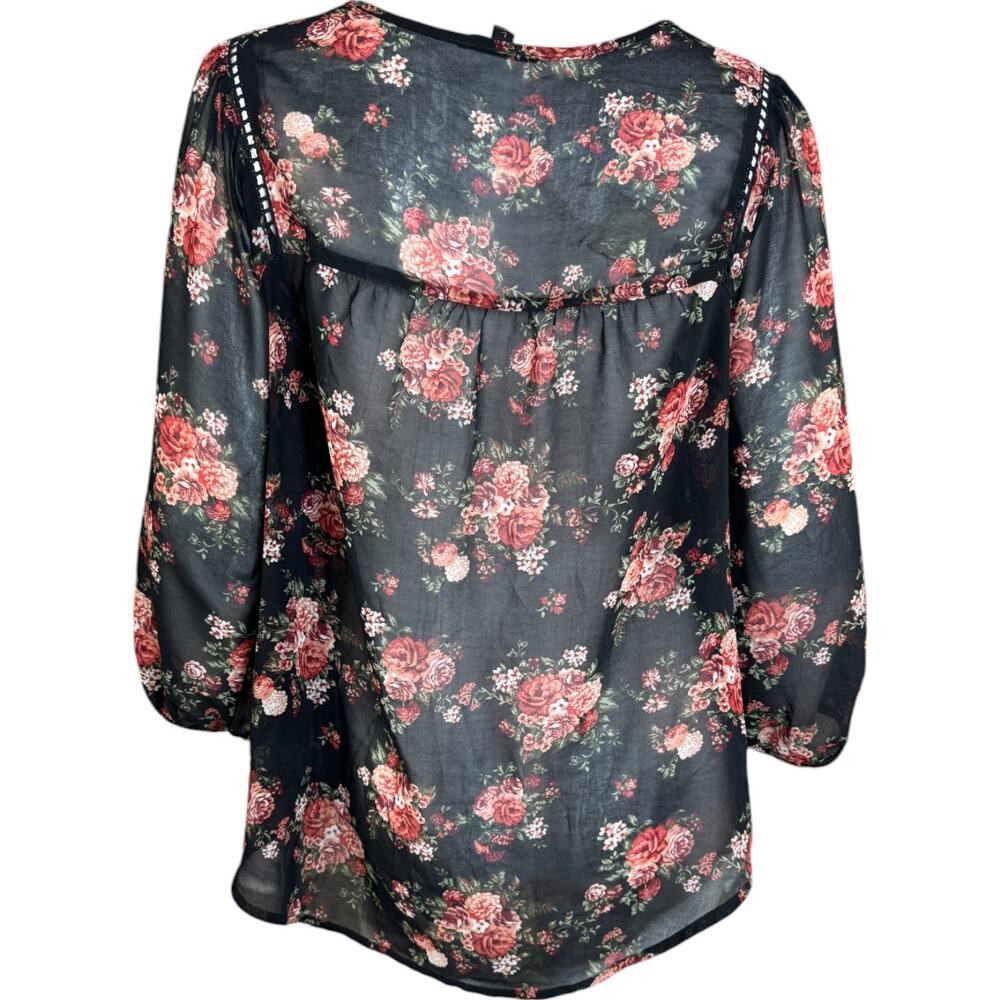 Mine Womens Large Black Floral Sheer 3/4‎ Length Sleeve Blouse - Picture 5 of 15